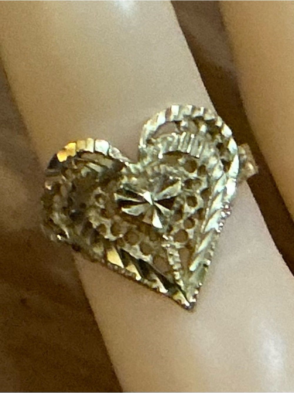 Vintage 14k. Yellow gold size 6 heart shaped open cut/ diamond cut filigree ring